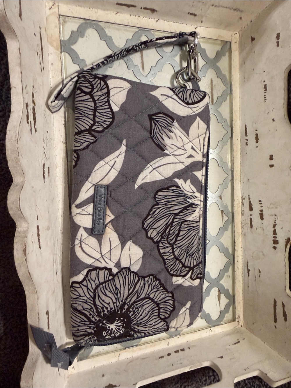 Vera Bradley Gray and White Floral Quilted Wristlet